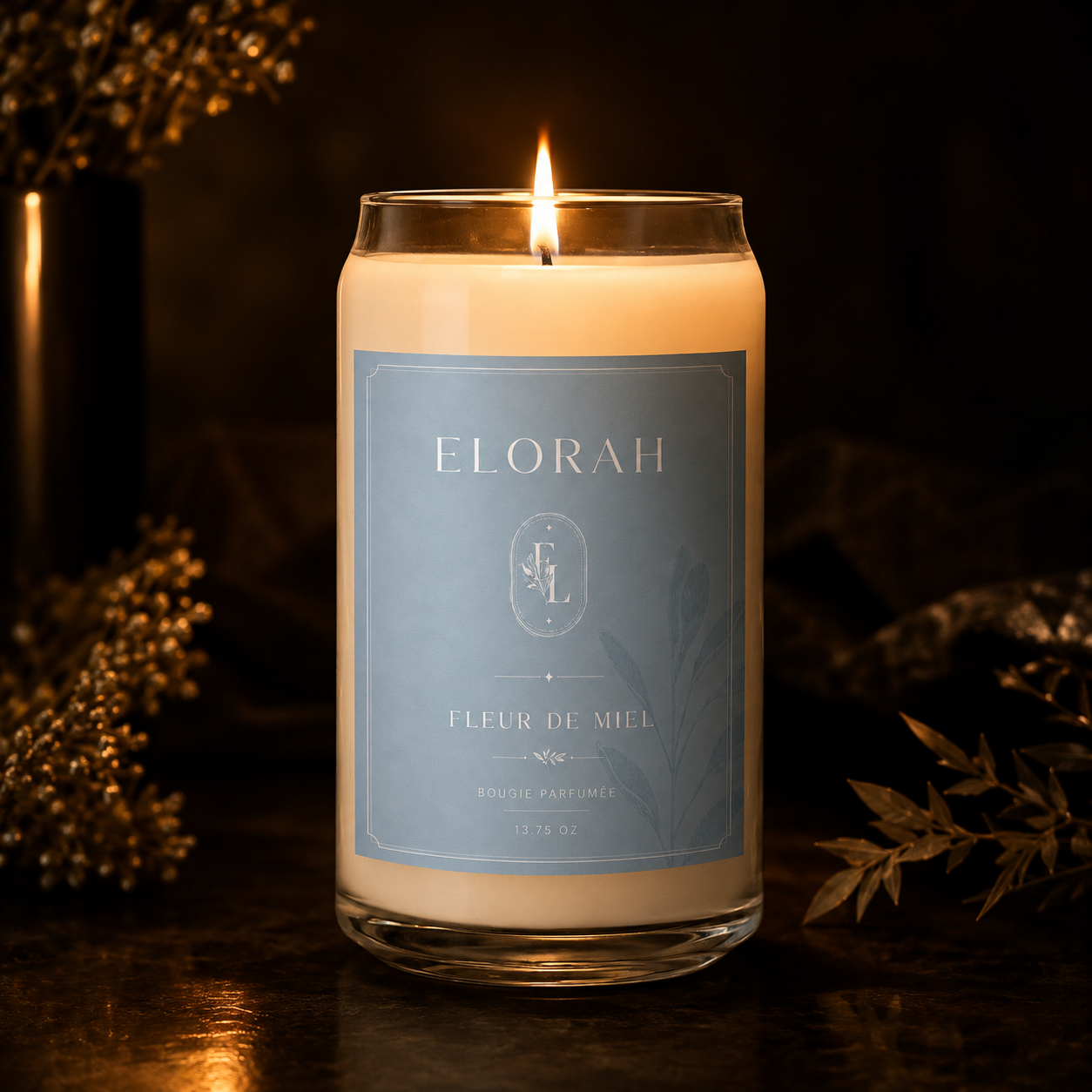 Fleur de Miel honeysuckle scented candle styled with fresh blossoms - Elorah & Co