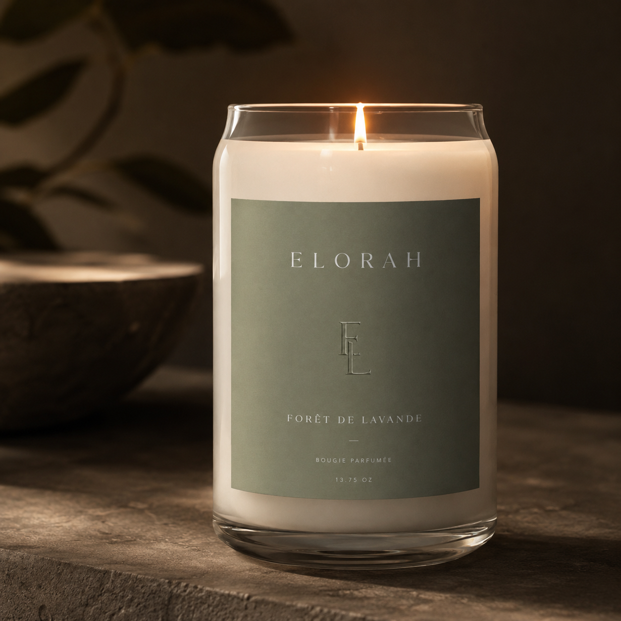 Forêt de Lavande eucalyptus lavender scented candle styled in a serene spa setting - Elorah & Co