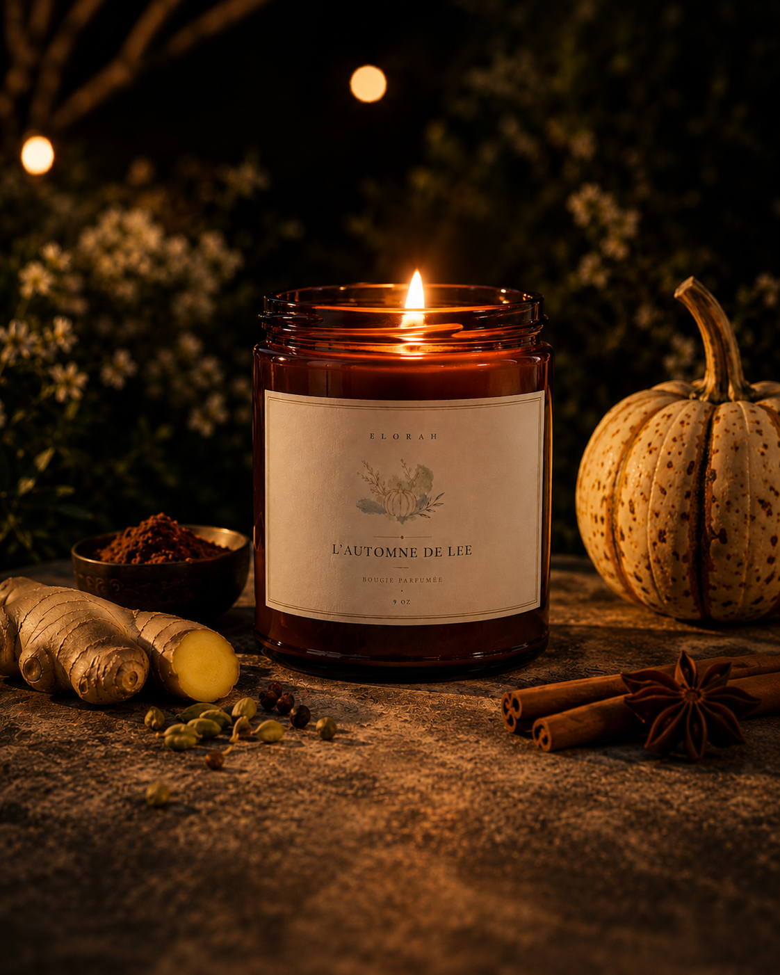 L'Automne de Lee spiced pumpkin ginger scented candle lit in a cozy autumn setting - Elorah & Co
