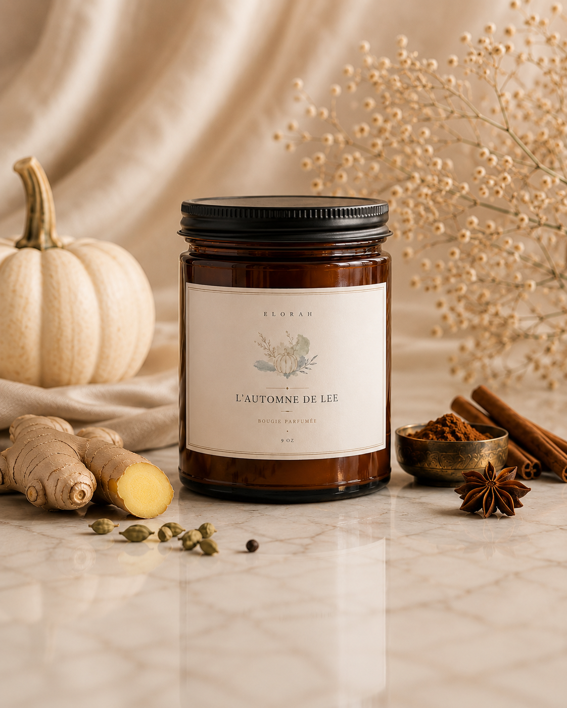 L'Automne de Lee luxury spiced pumpkin ginger scented candle, warm autumn fragrance - Elorah & Co