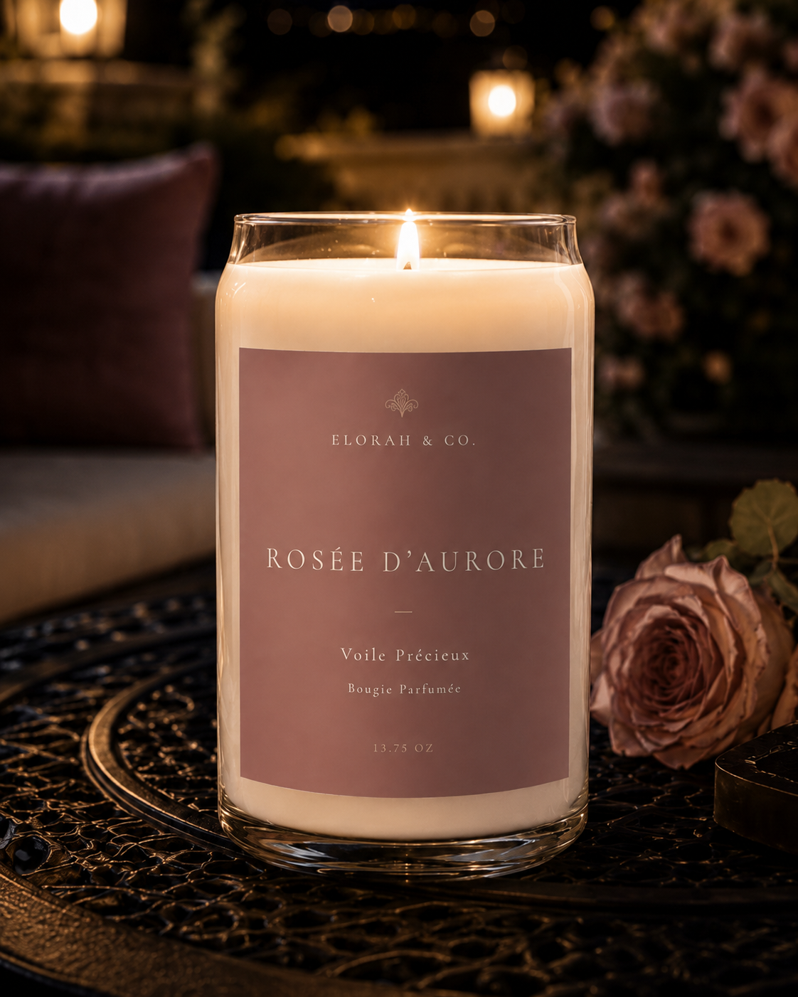 Rosée d'Aurore fresh blossom scented candle styled with soft morning light - Elorah & Co