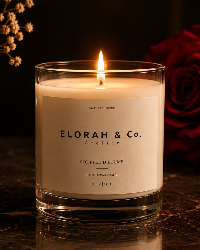 Souffle d'Écume sea breeze scented candle styled in a calm coastal setting -Elorah & Co