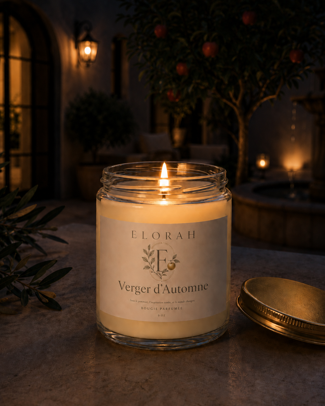 Verger d'Automne apple harvest scented candle lit in a warm autumn setting - Elorah & Co